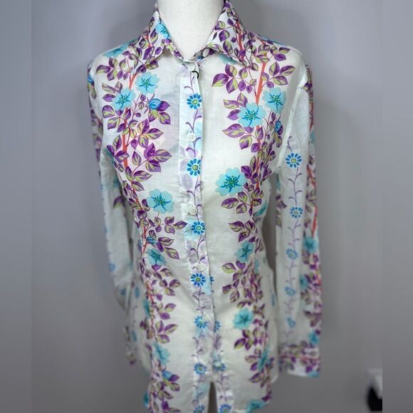 Etro Floral Vine Cotton Button Down Blouse Size 0 - Picture 5 of 9